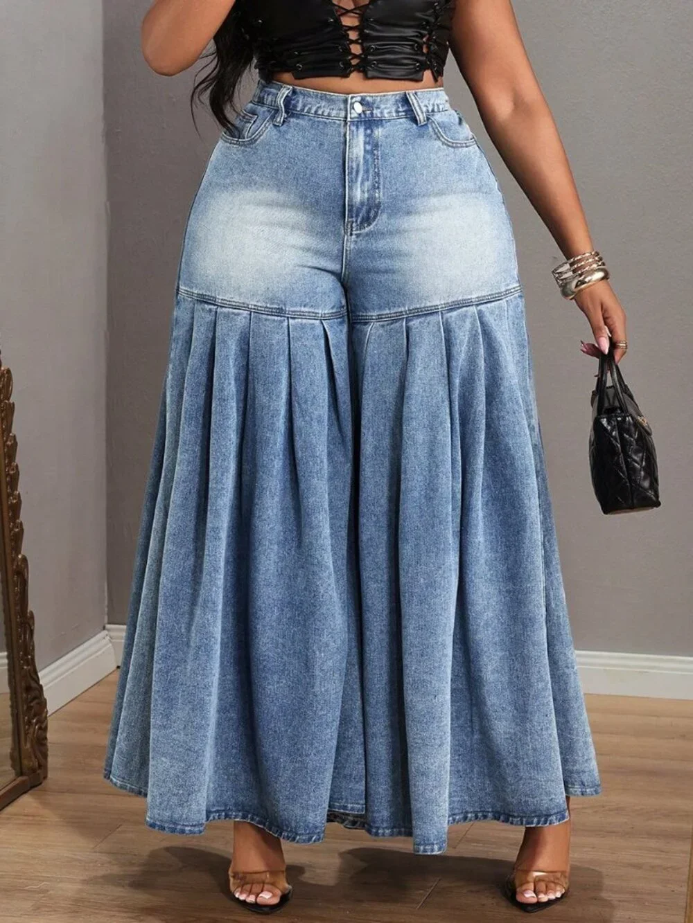 Coffee Brown Casual Women's Plus Size Pleated Wide Leg Denim Maxi Skirt - Picture 6 of 7
